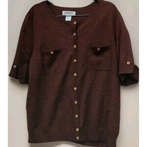 Judith Hart Silk Blend Brown Short Sleeve Cardigan Women’s 1X Wooden Buttons Y2K